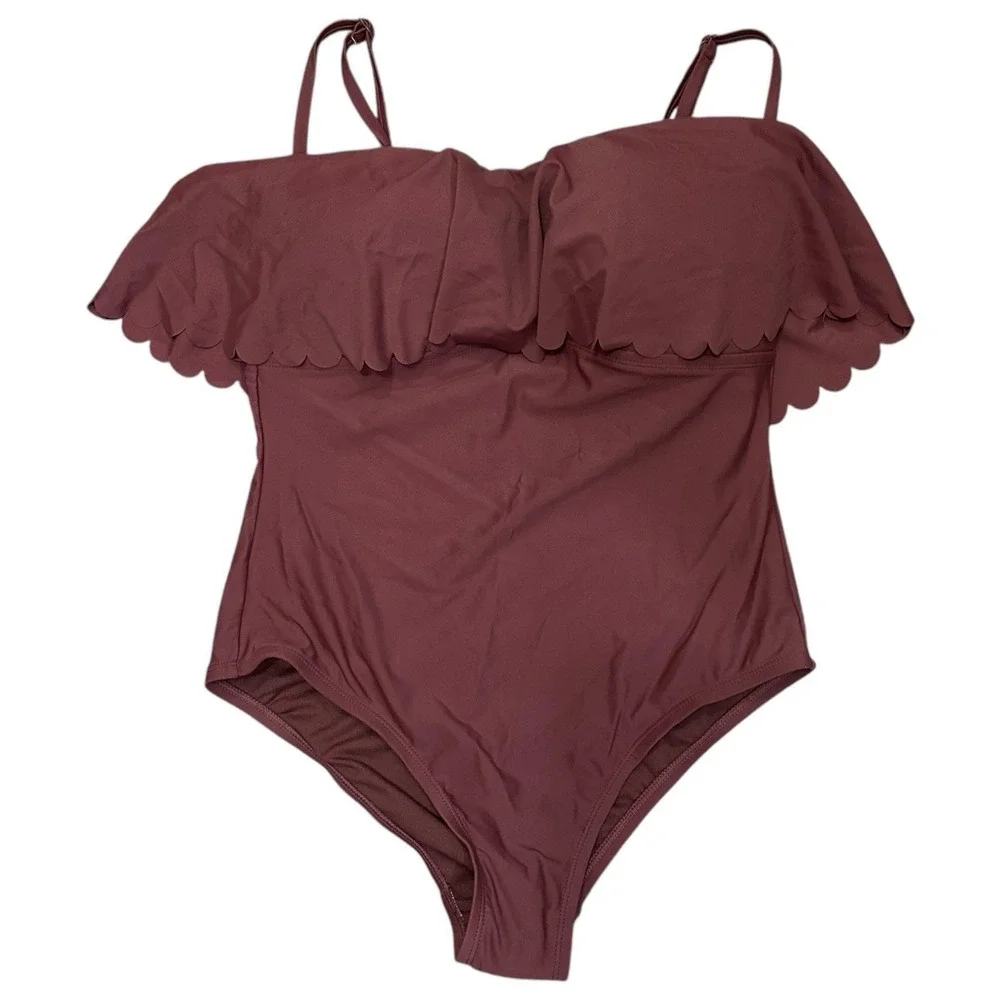 NWT Scalloped Flounce One Piece Swimsuit Purple Womens L Resortwear Beach Summer